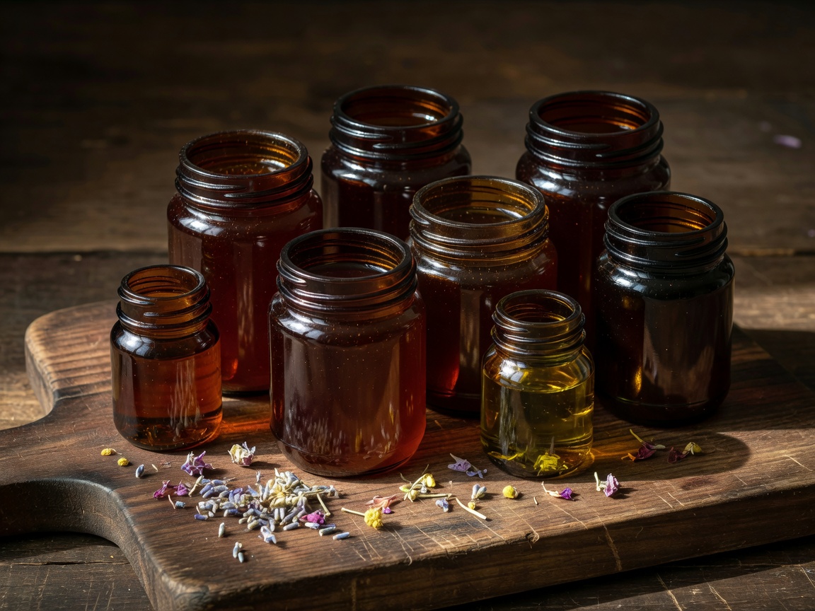 Dark amber jars of raw honey and wild botanical oils arranged on a rustic dark wooden cutting board