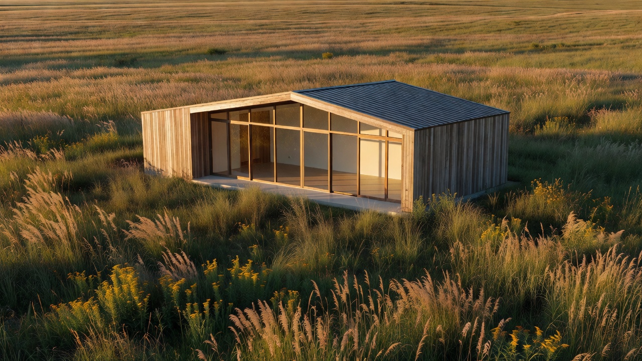 Low-slung modern farmhouse with expansive solar-oriented windows facing a field of wild grasses