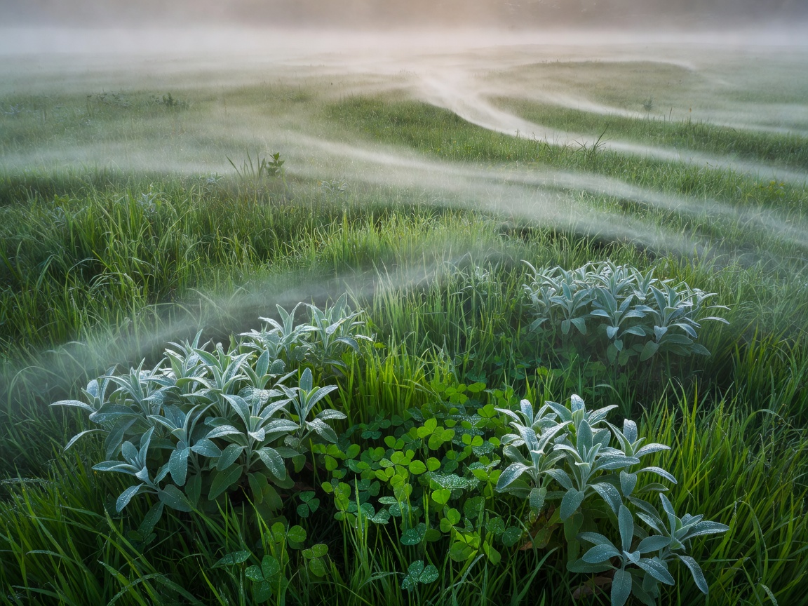 Early morning fog moving over wild sage, clover, and dense green pasture lines